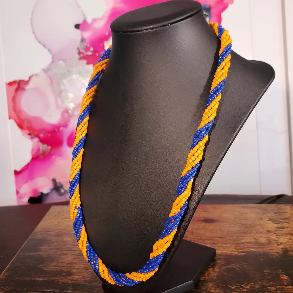 Vintage Seed Bead Twist Blue Snd Orange necklace - Picture 3 of 4